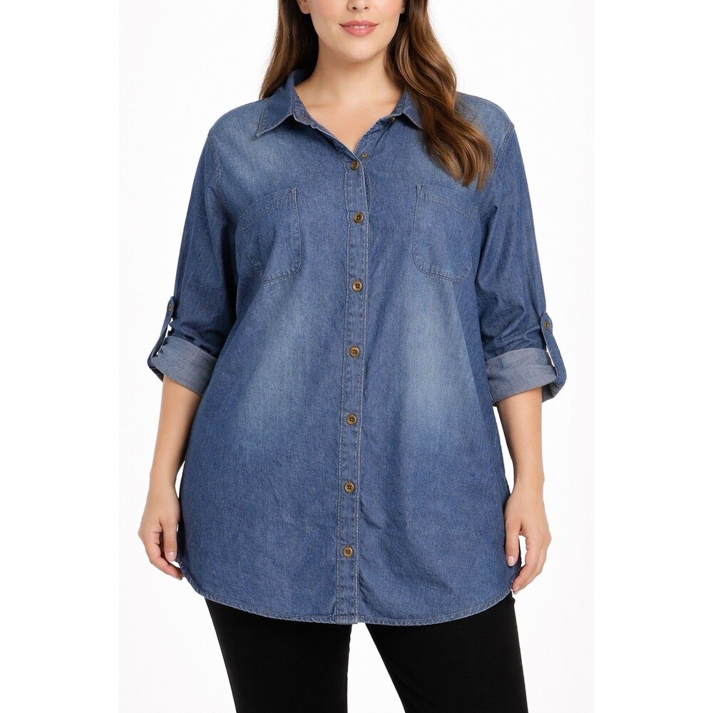 No Boundaries Size XXL (19-21) Denim Button Down Shirt Roll Tab Tunic Top